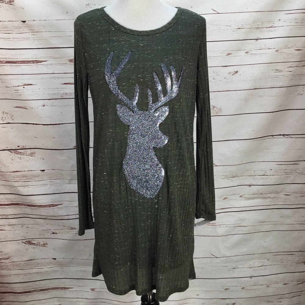 Sequins Deer Olive Green Long Sleeve Dress NWT‎